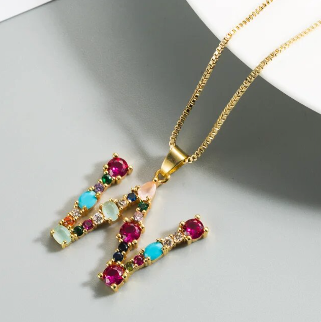 18K Gold Plated Precious Colorful Stones Initial Letter Necklace