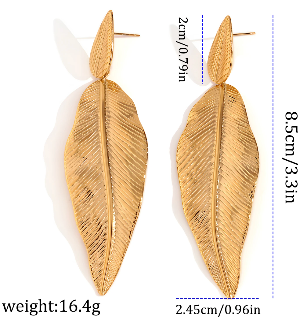 18 Karat Gold Plated Tropical Long Leaf Earrings