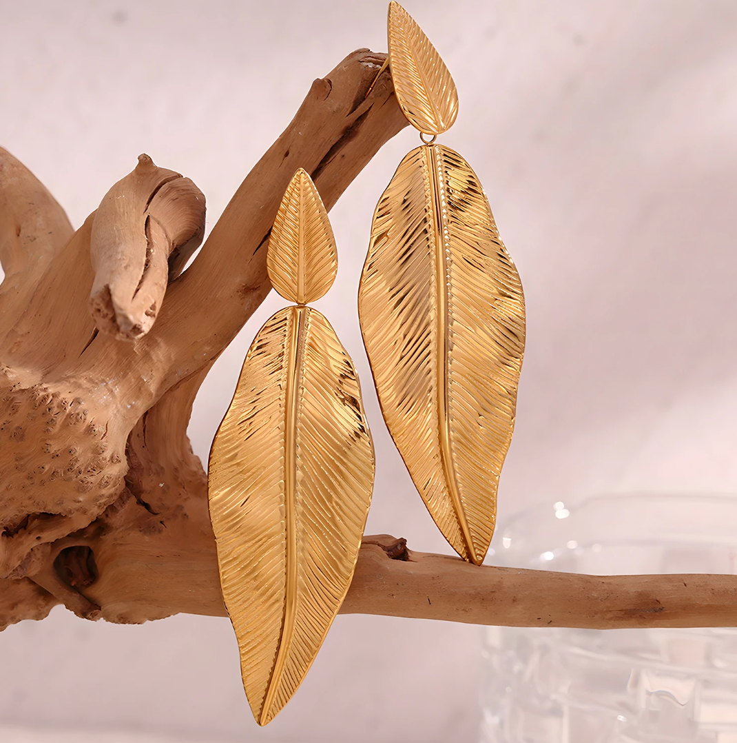 18 Karat Gold Plated Tropical Long Leaf Earrings