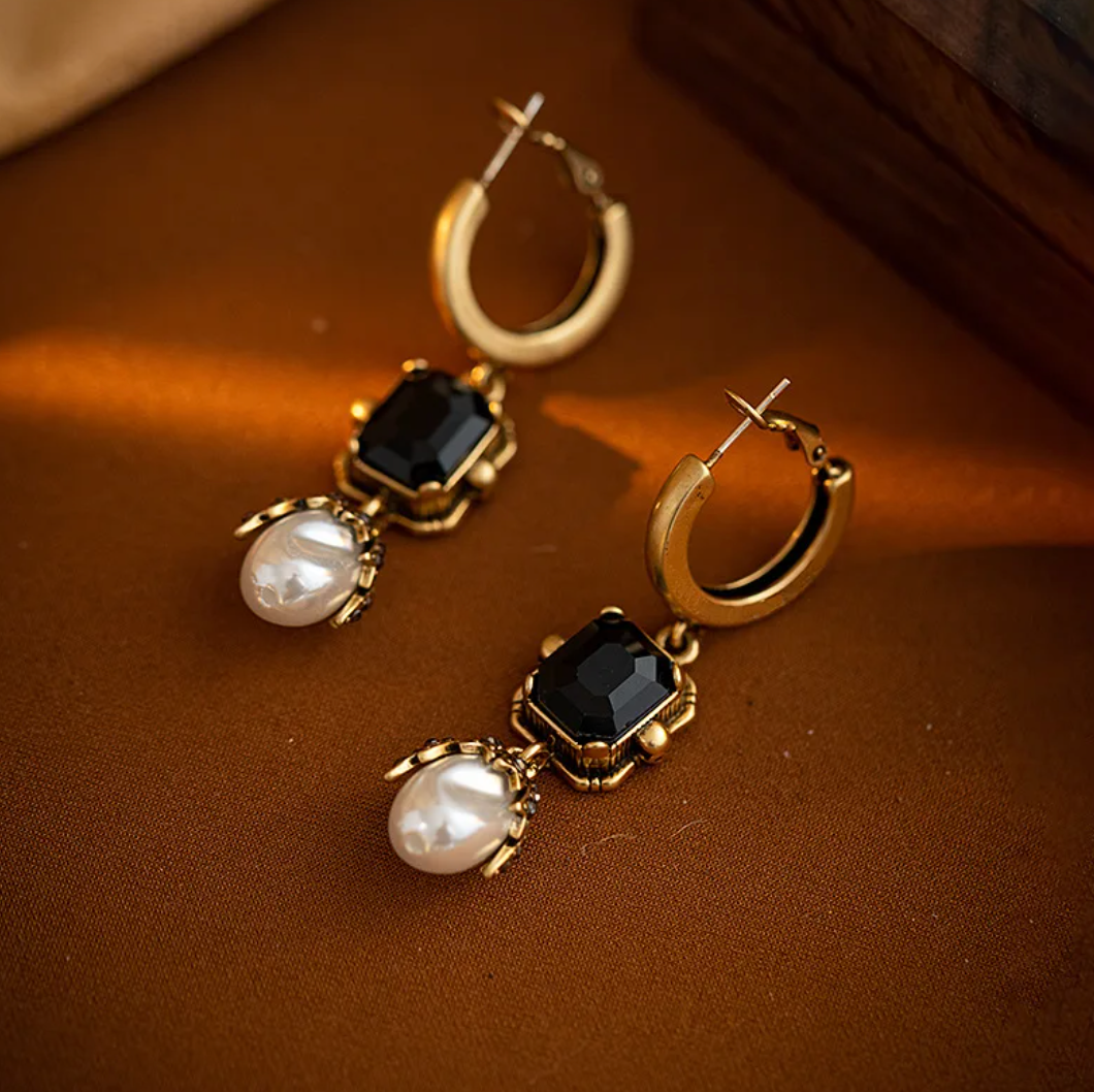 Long 18 Karat Gold Plated hoop earrings with pearl and black crystal