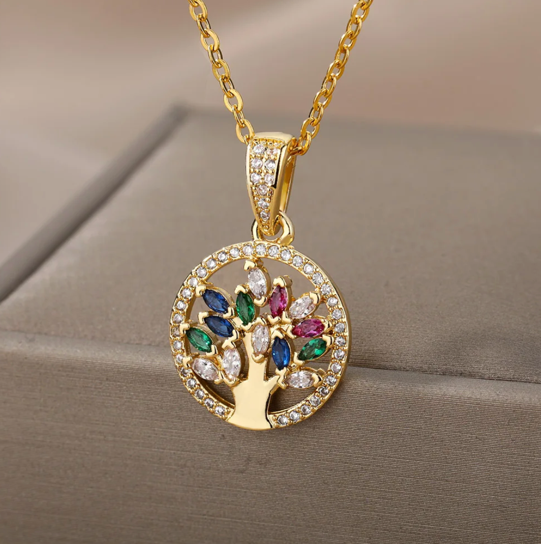 18 Karat Gold Plated Tree of Life Necklace with coloured zirconia stones