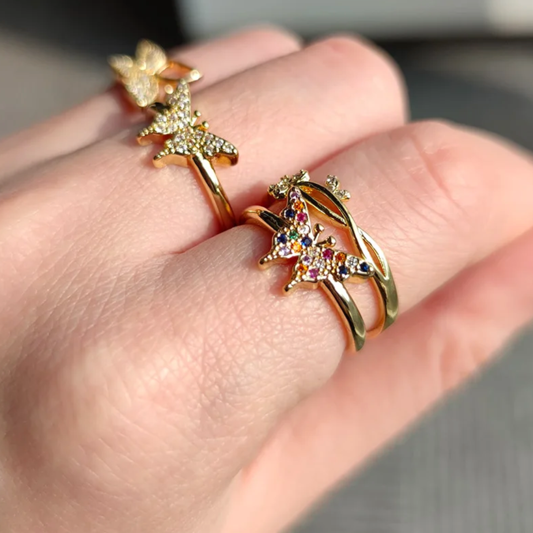 Adjustable butterfly ring with 18K gold plated zirconias