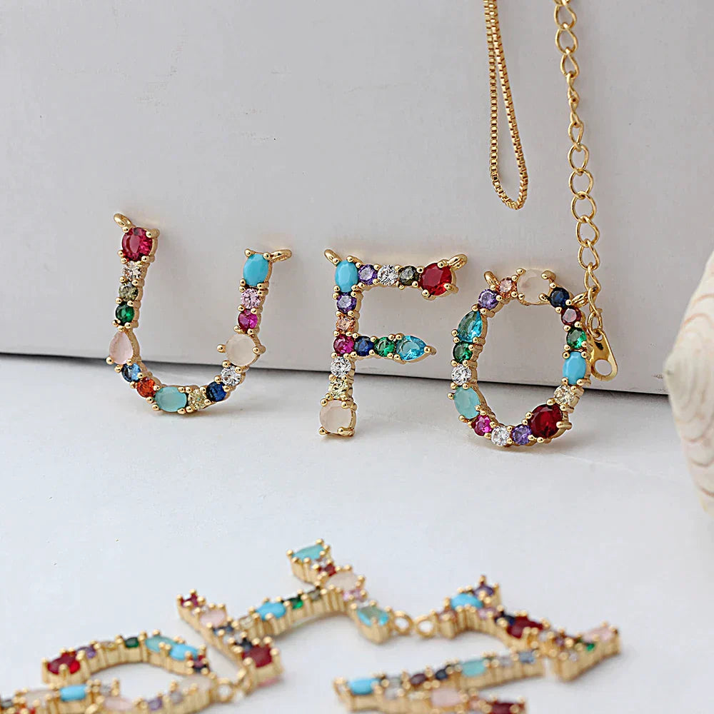 18K Gold Plated Precious Colorful Stones Initial Letter Necklace