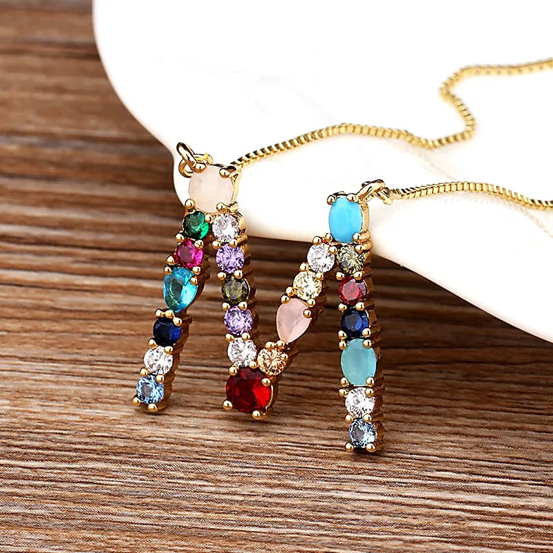 18K Gold Plated Precious Colorful Stones Initial Letter Necklace