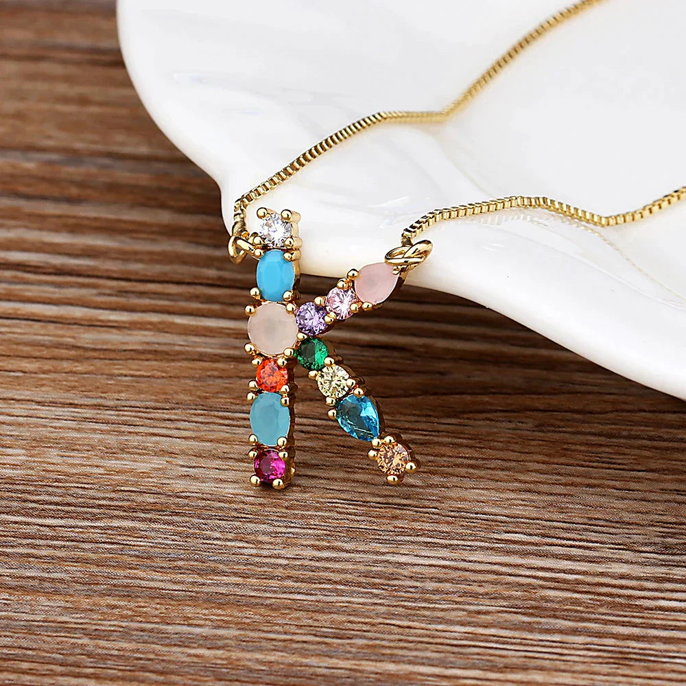 18K Gold Plated Precious Colorful Stones Initial Letter Necklace