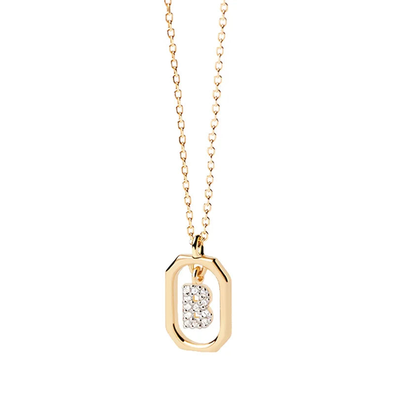 18K Gold Plated Fine Initial Necklace with rectangular precious rhinestones