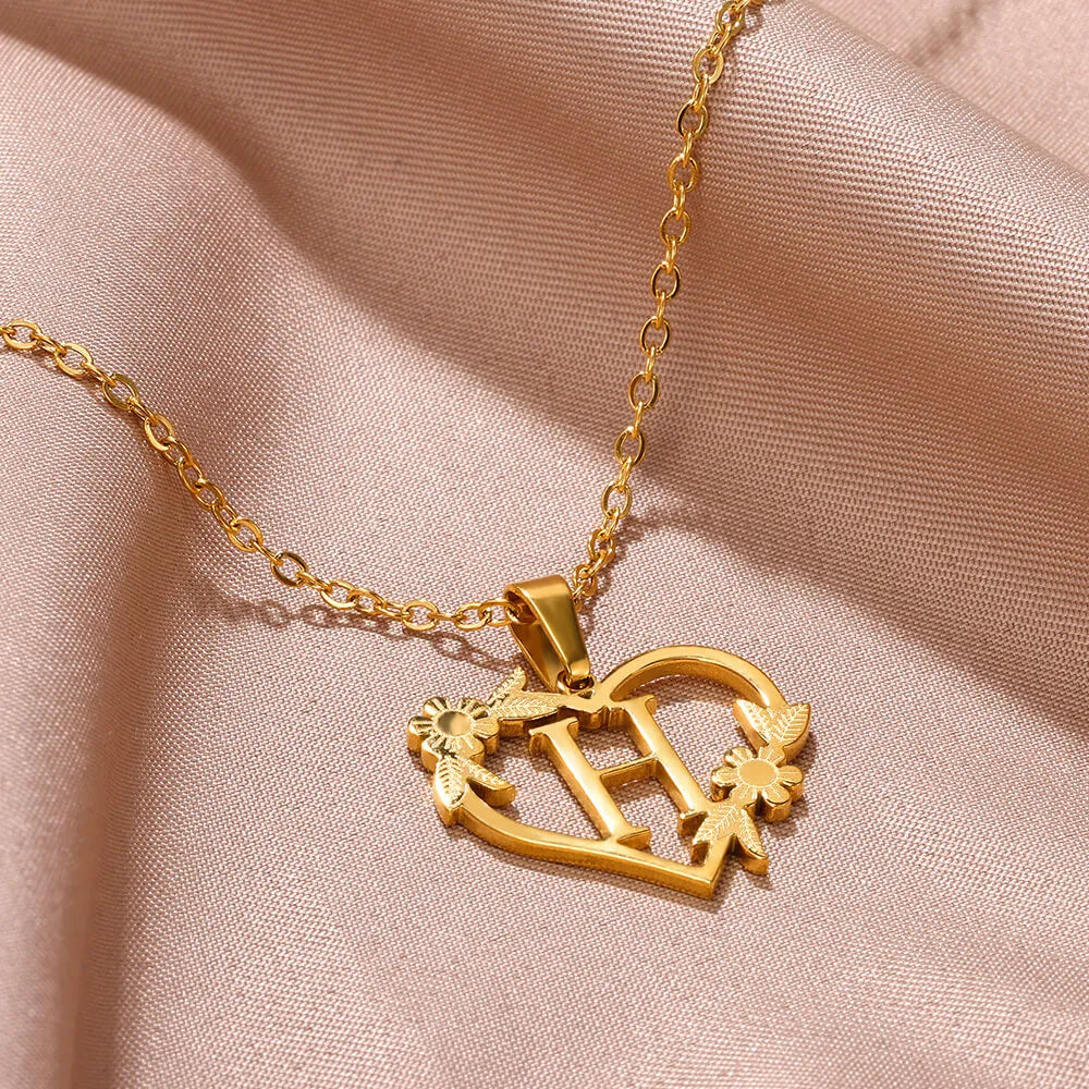 18K Gold Plated Love and Flowers Initial Letter Nature Necklace