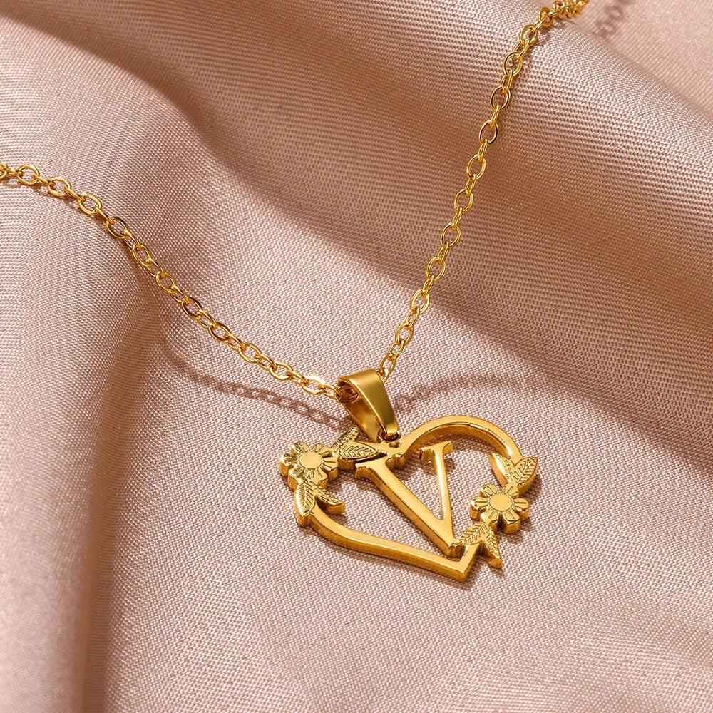 18K Gold Plated Love and Flowers Initial Letter Nature Necklace