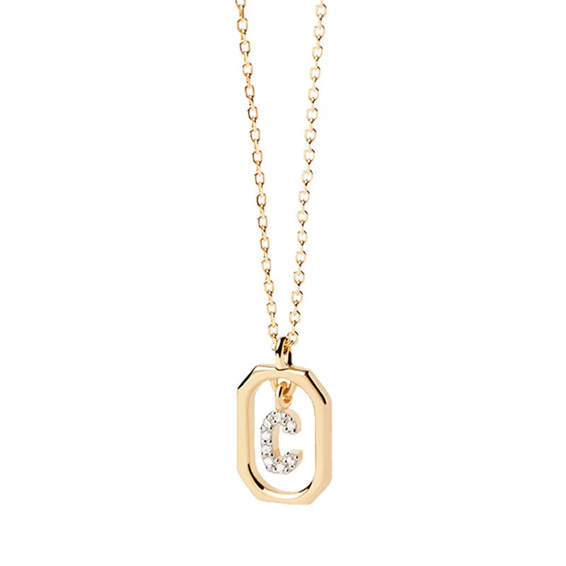 18K Gold Plated Fine Initial Necklace with rectangular rhinestones