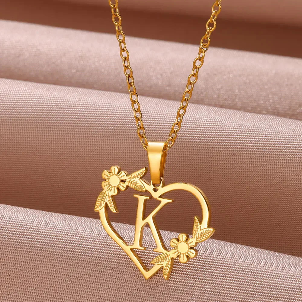 18K Gold Plated Love and Flowers Initial Letter Nature Necklace