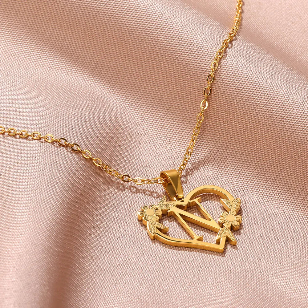 18K Gold Plated Love and Flowers Initial Letter Nature Necklace