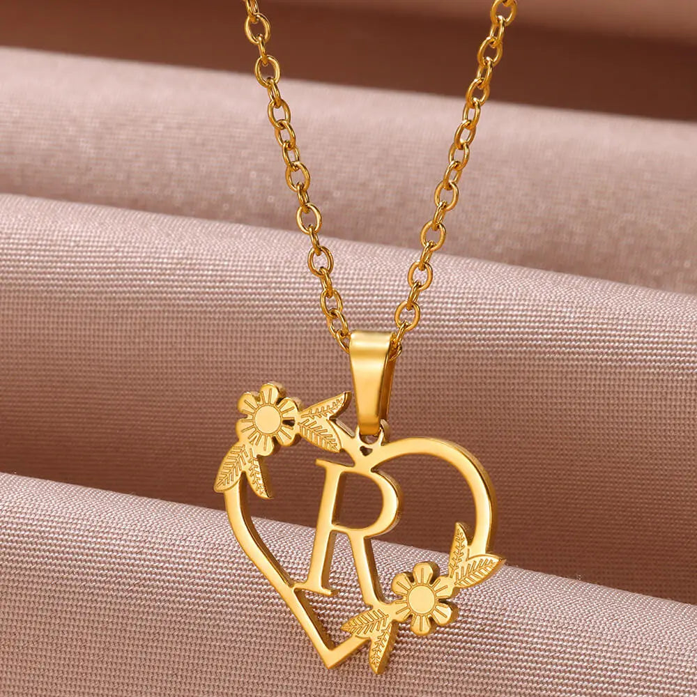 18K Gold Plated Love and Flowers Initial Letter Nature Necklace