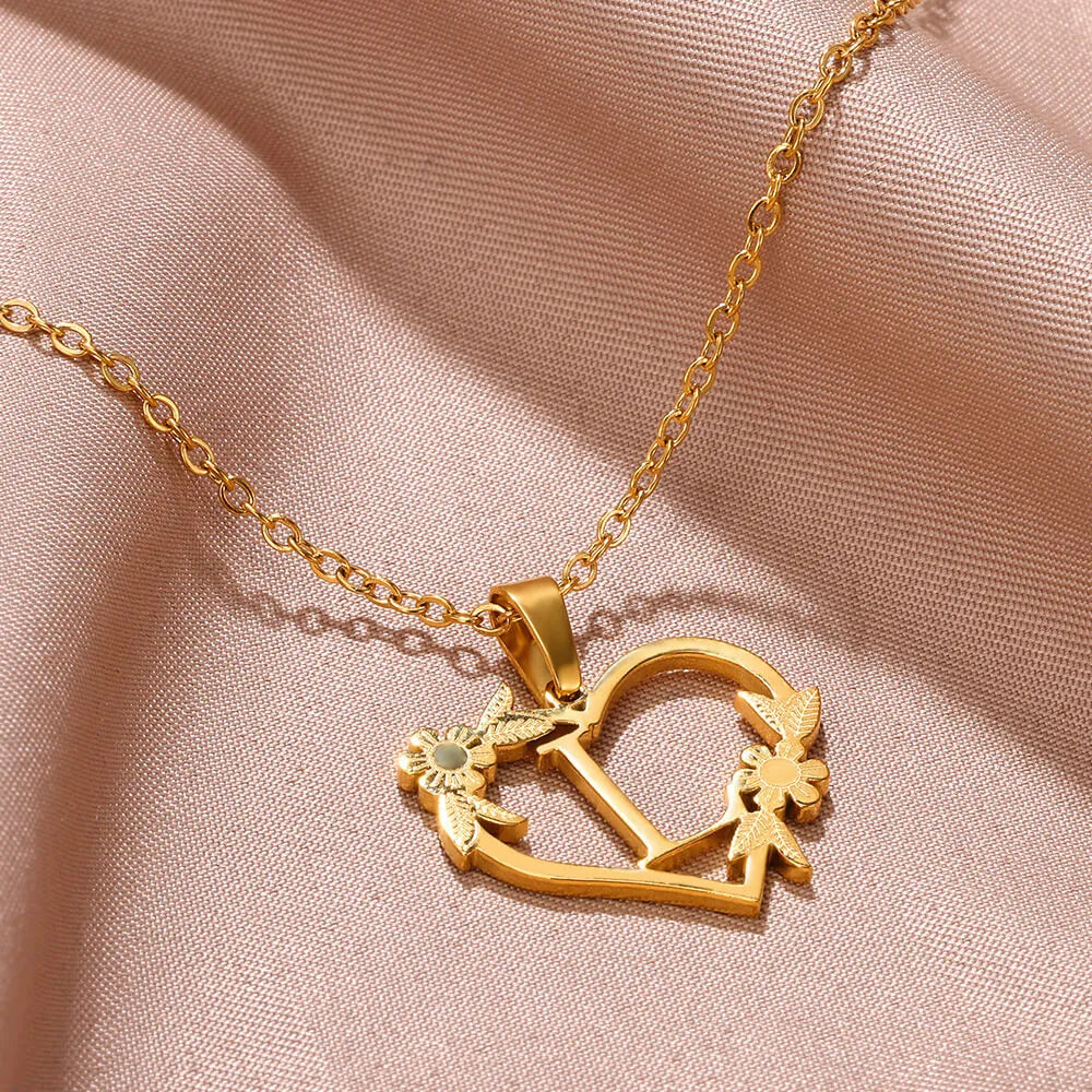 18K Gold Plated Love and Flowers Initial Letter Nature Necklace