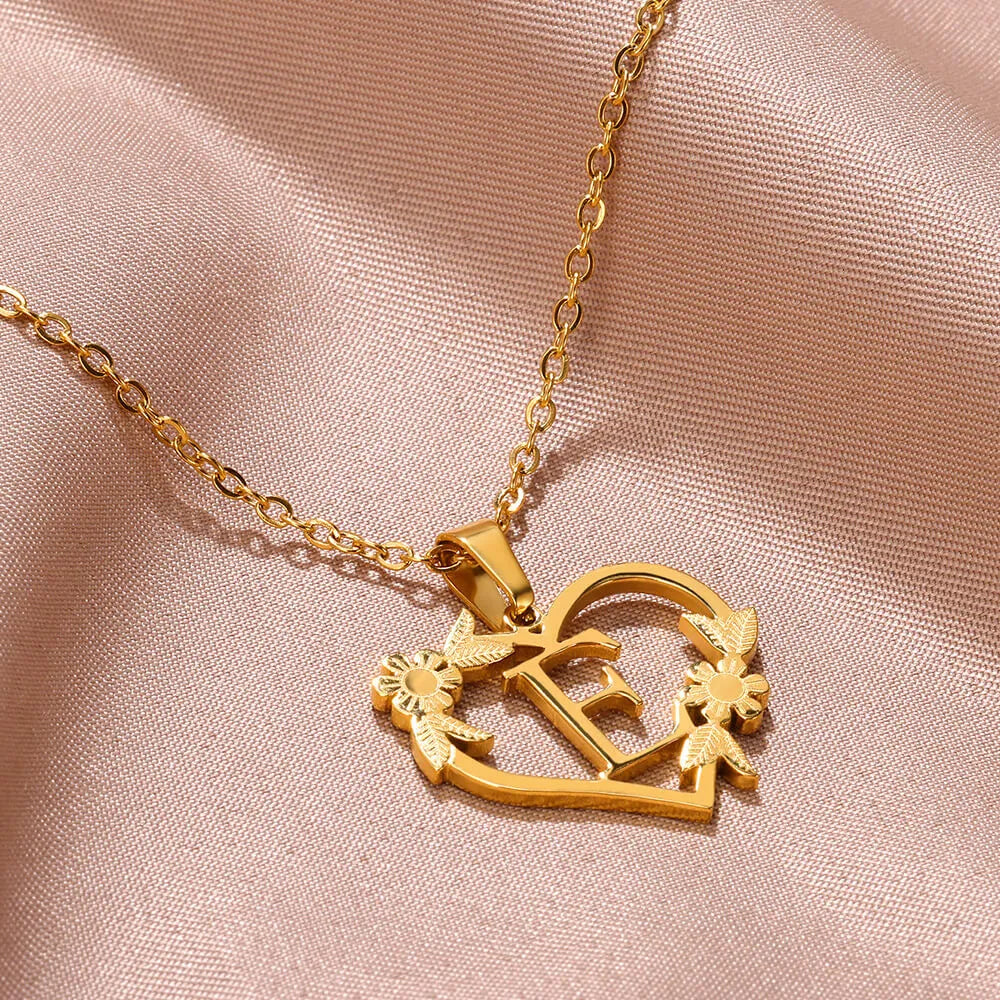 18K Gold Plated Love and Flowers Initial Letter Nature Necklace