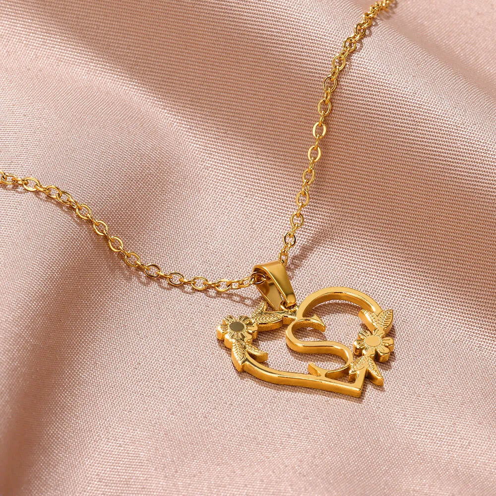 18K Gold Plated Love and Flowers Initial Letter Necklace