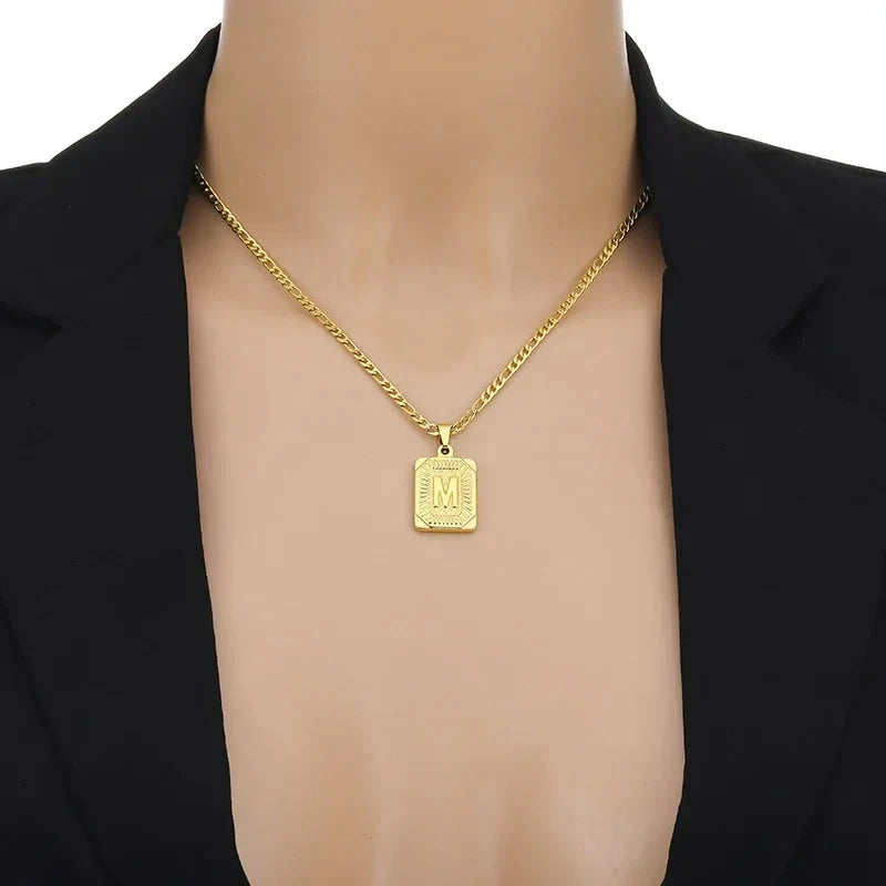 18K Gold Plated Rectangular Original Medallion Initial Necklace