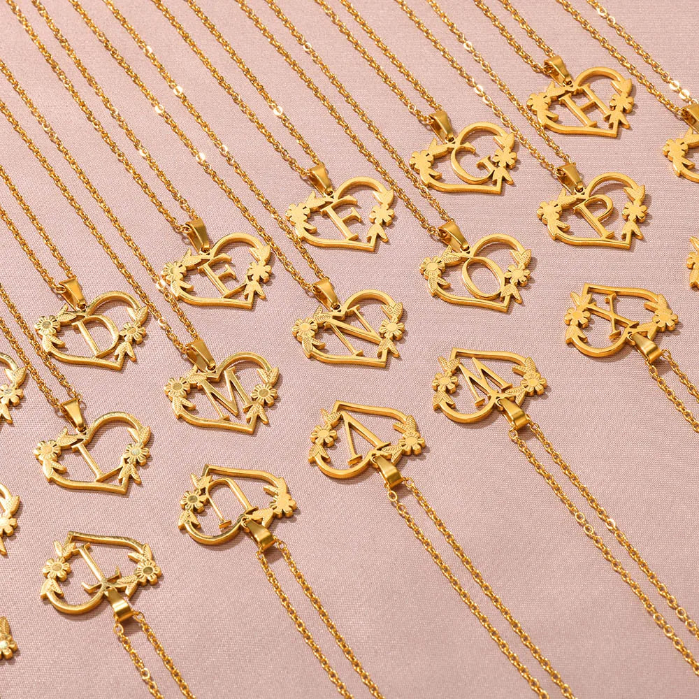 18K Gold Plated Love and Flowers Initial Letter Nature Necklace