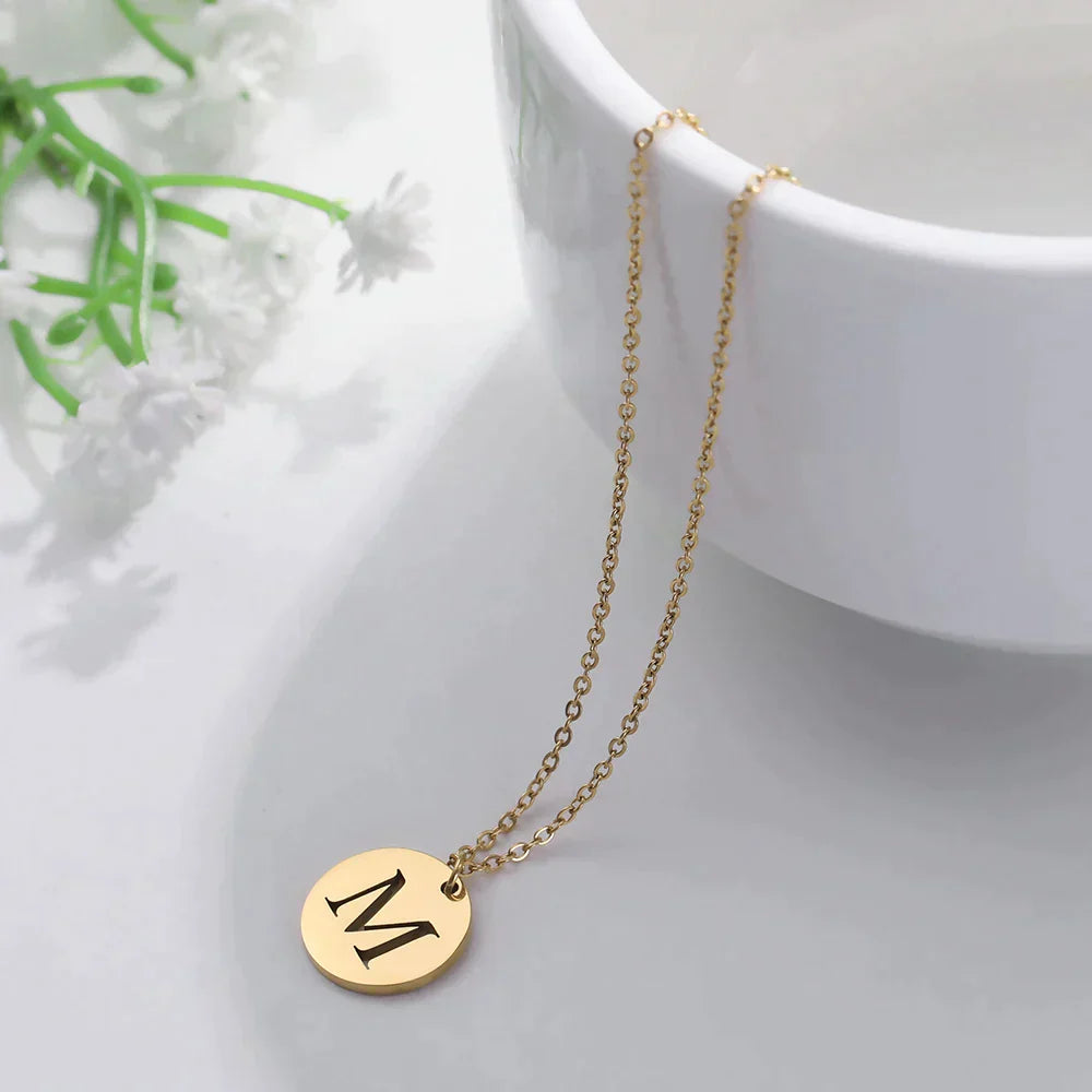 18K Gold Plated Initials engraved in Circle Modernist Necklace