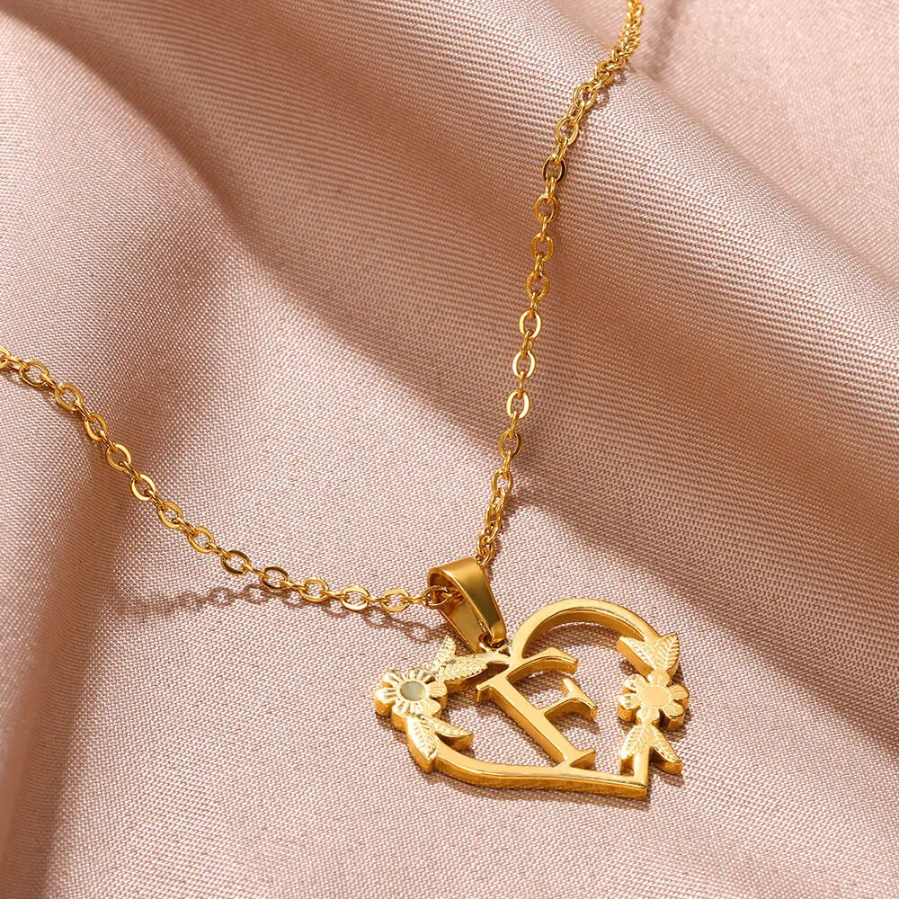 18K Gold Plated Love and Flowers Initial Letter Nature Necklace