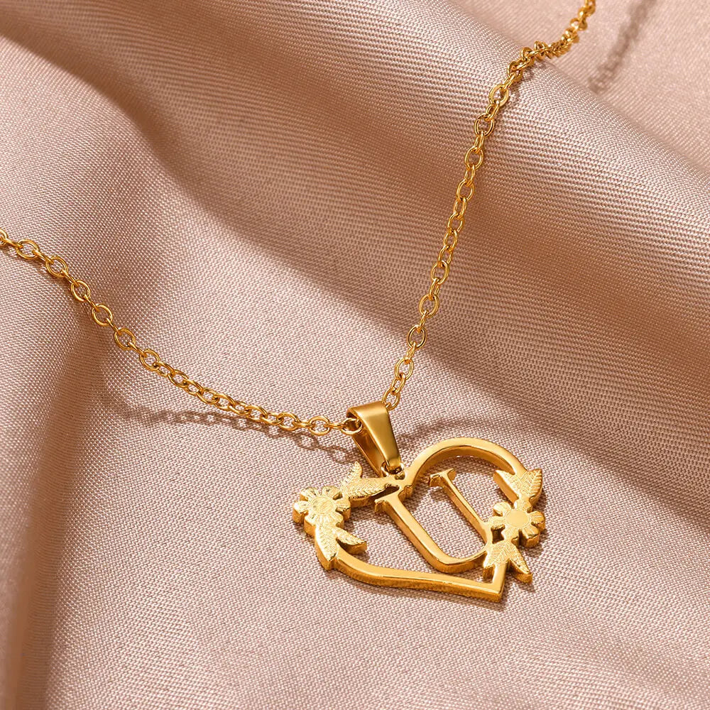 18K Gold Plated Love and Flowers Initial Letter Nature Necklace