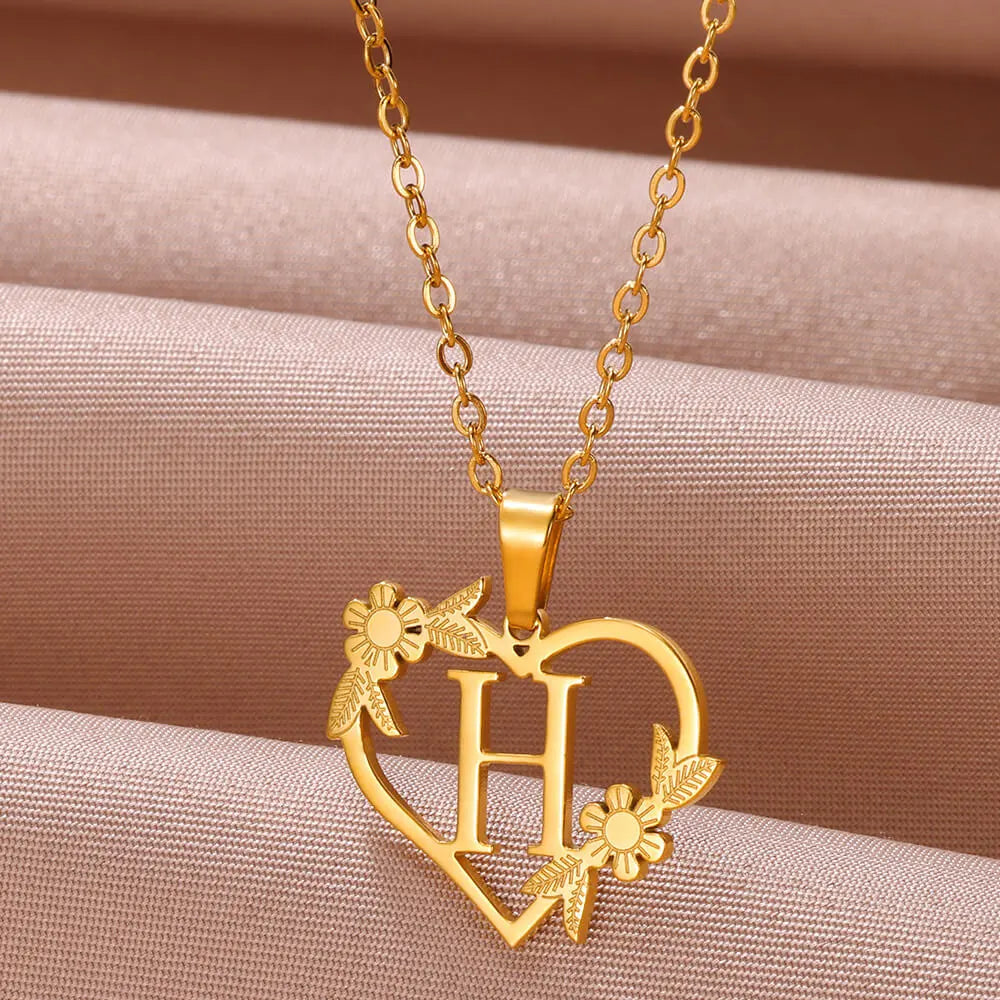 18K Gold Plated Love and Flowers Initial Letter Nature Necklace