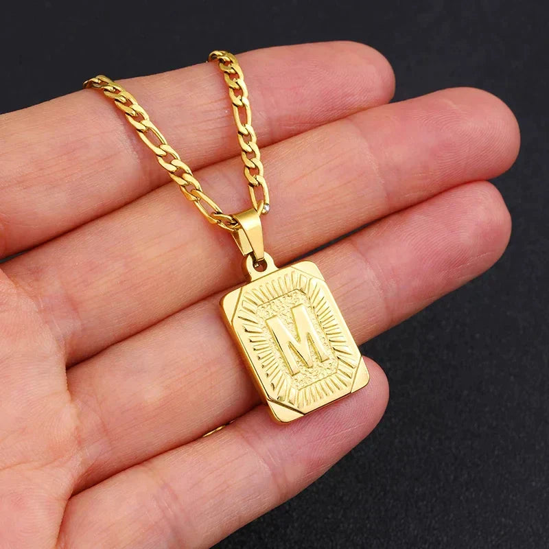 18K Gold Plated Rectangular Original Medallion Initial Necklace