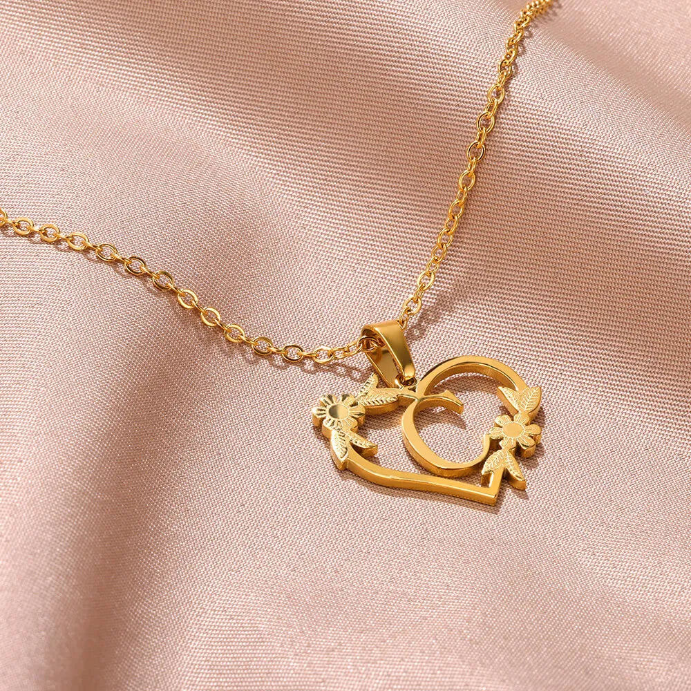 18K Gold Plated Love and Flowers Initial Letter Nature Necklace