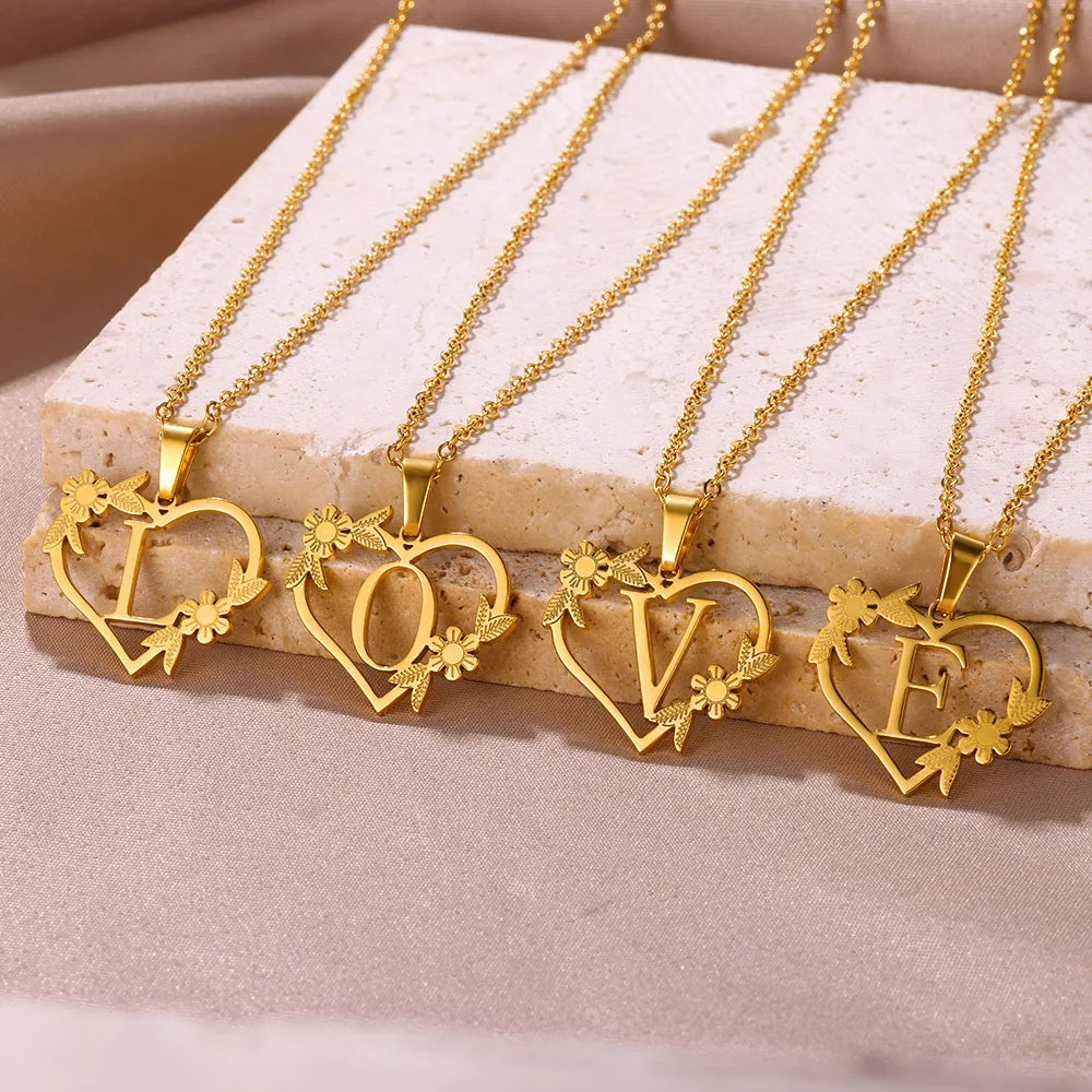 18K Gold Plated Love and Flowers Initial Letter Nature Necklace