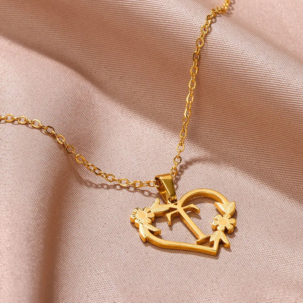 18K Gold Plated Love and Flowers Initial Letter Nature Necklace