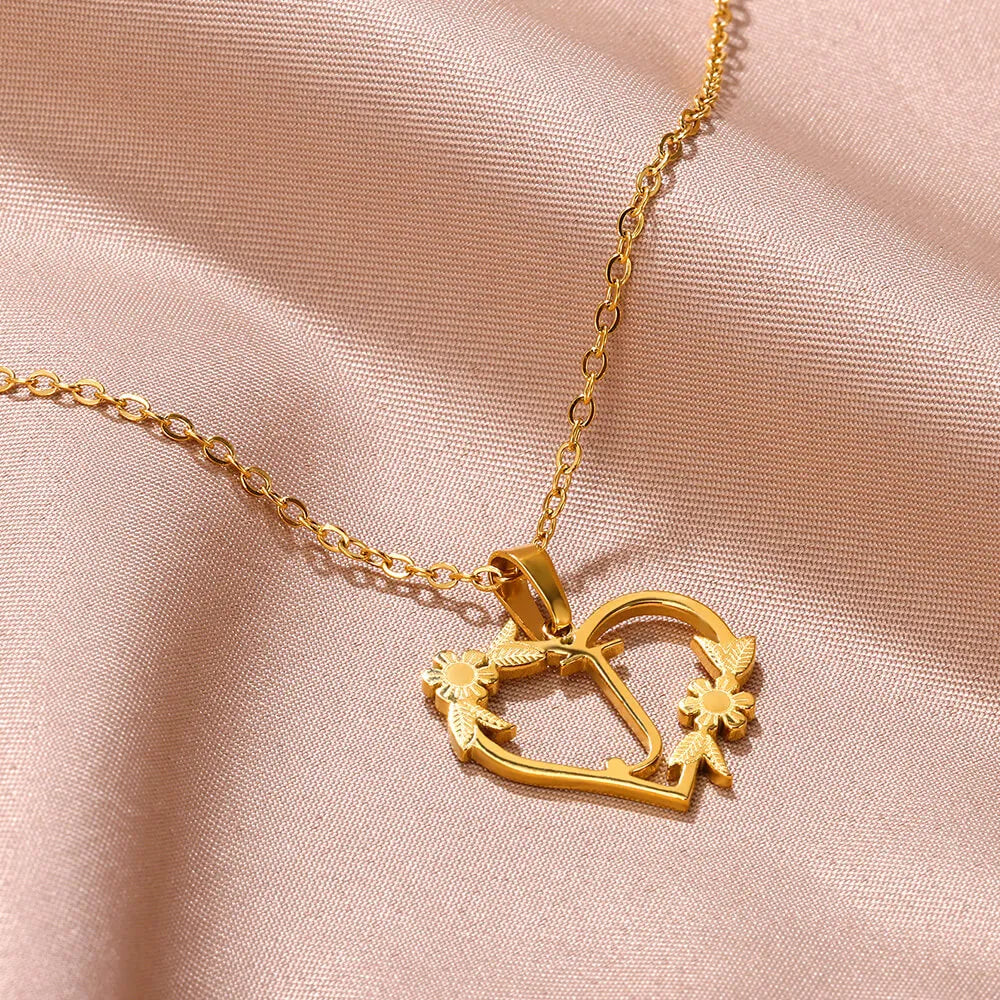 18K Gold Plated Love and Flowers Initial Letter Nature Necklace