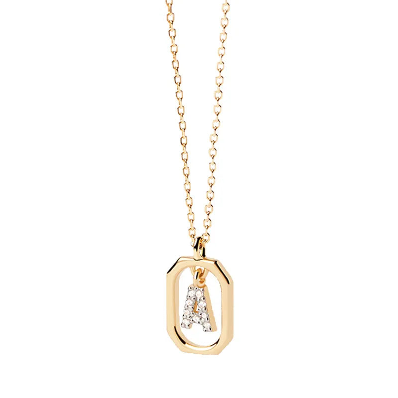 18K Gold Plated Fine Initial Necklace with rectangular rhinestones