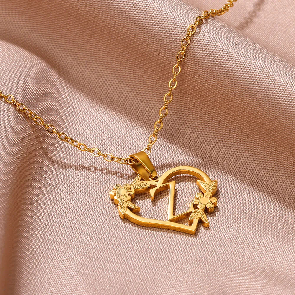 18K Gold Plated Love and Flowers Initial Letter Nature Necklace