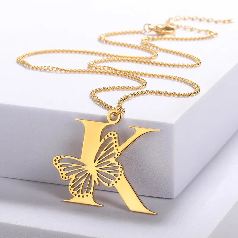 18K Gold Plated Initial Necklace with Butterfly