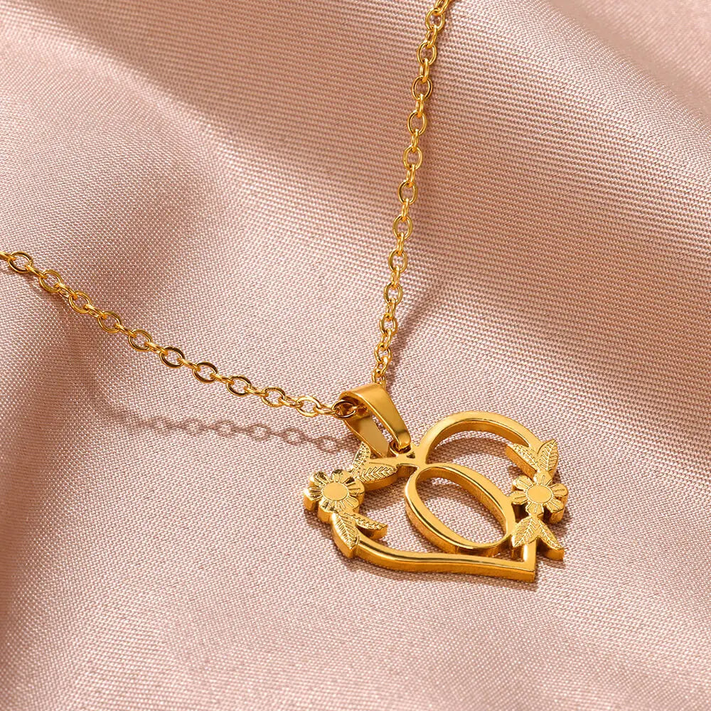 18K Gold Plated Love and Flowers Initial Letter Nature Necklace