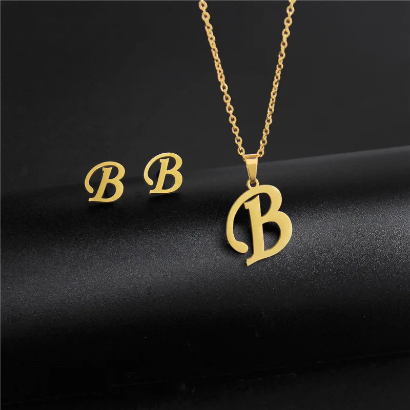 18K Gold Plated Classic Initial Letter Necklace + earrings